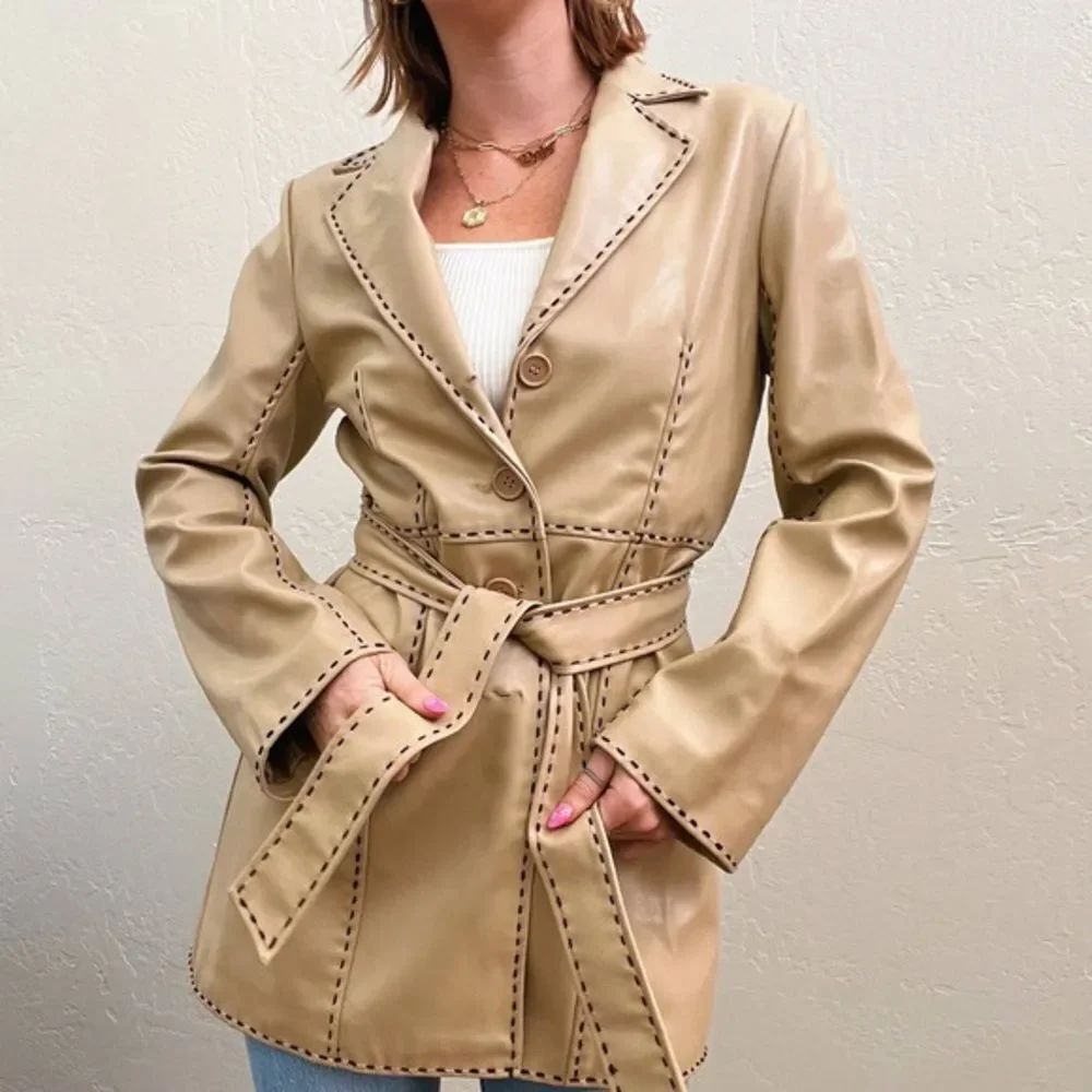 Y2K Wet Seal Tan Stitched Belted Faux Leather Blazer Coat Sz S Quiet Luxury Glam